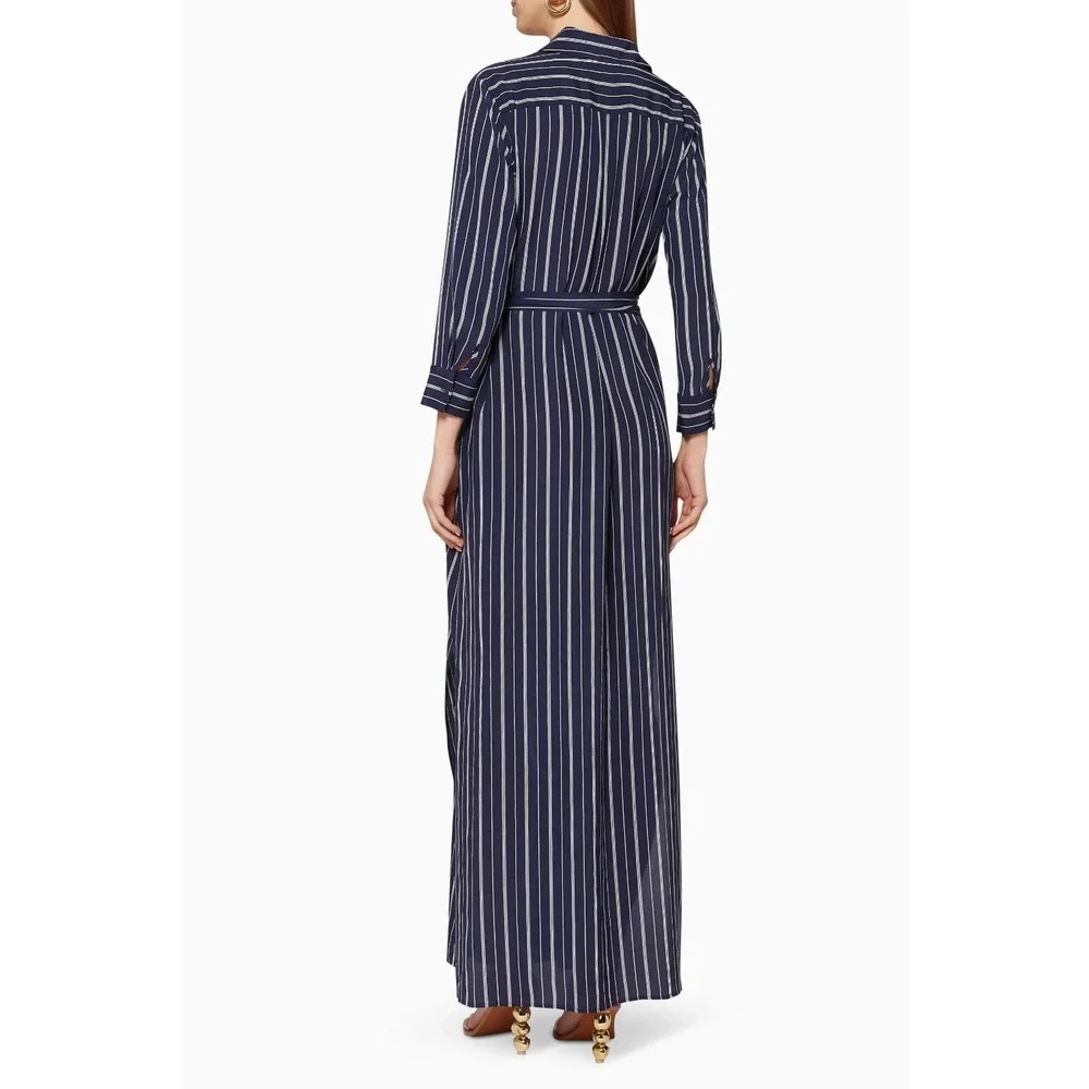 L'Agence Cameron Silk Maxi Shirt Dress S Navy White Stripe Belted Chic - Picture 2 of 9